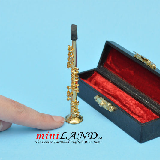 Miniature brass  Soprano s saxophone with Case for Dollhouse 3-1/2" Long