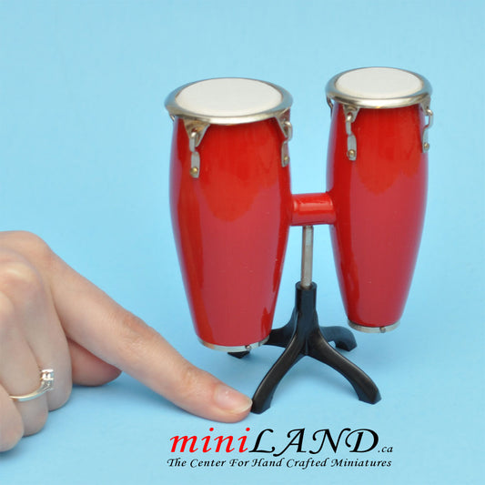 Miniature red drum Conga musical instruments  with Case and stand for Dollhouse 3-7/8" tall