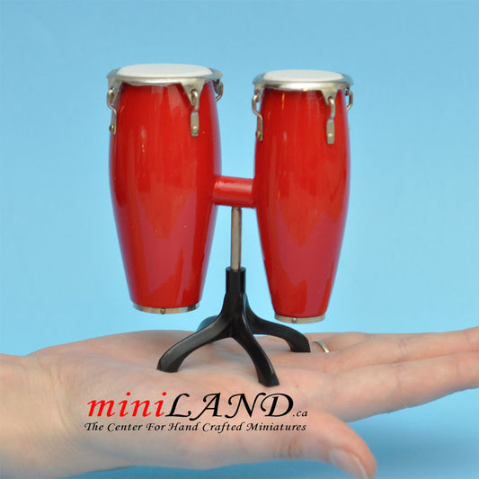 Miniature red drum Conga musical instruments  with Case and stand for Dollhouse 3-7/8" tall