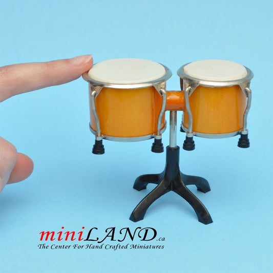Miniature yellow drum bongo musical instruments  with Case and stand for Dollhouse 2-7/8" tall