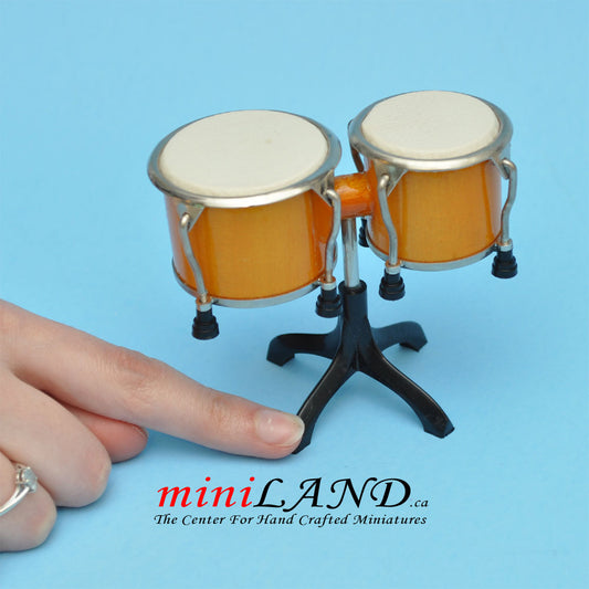 Miniature yellow drum bongo musical instruments  with Case and stand for Dollhouse 2-7/8" tall