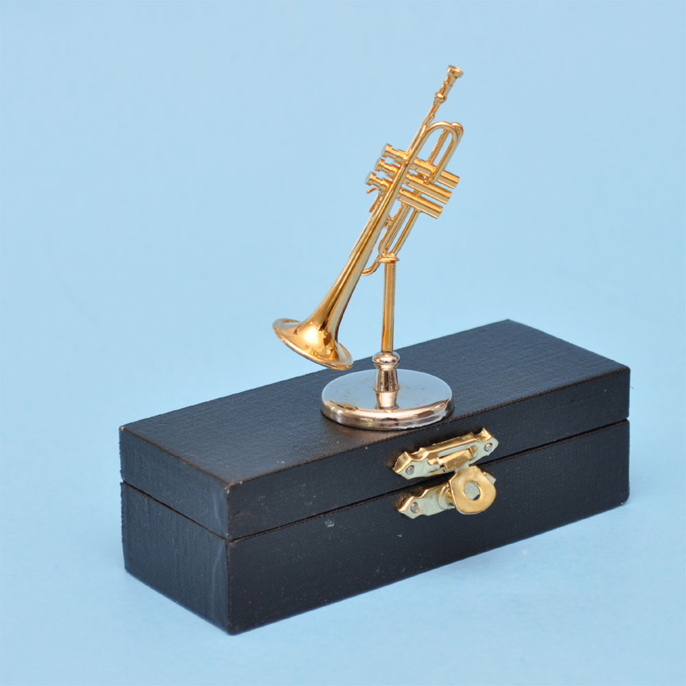 Miniatur-Trompeten-Musikinstrumente aus Messing auf Ständer mit Koffer für Puppenhaus 2-1/2" lang