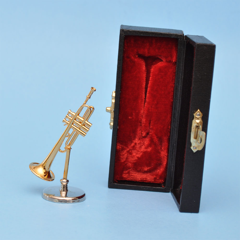 Miniatur-Trompeten-Musikinstrumente aus Messing auf Ständer mit Koffer für Puppenhaus 2-1/2" lang