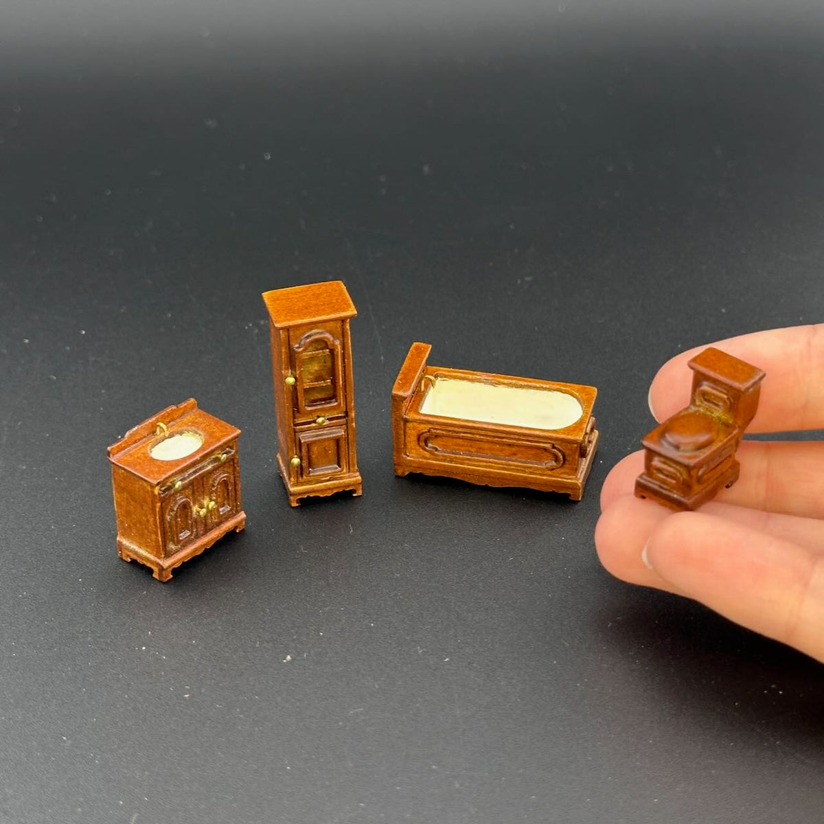 1:48 1/4" quarter scale Victorian bath room set 4pcs Top quality Walnut dollhouse miniature