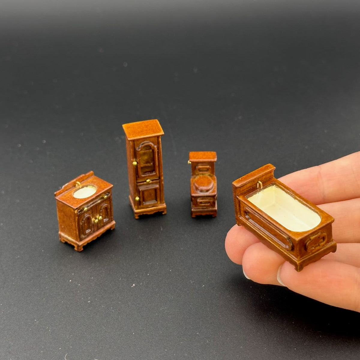 1:48 1/4" quarter scale Victorian bath room set 4pcs Top quality Walnut dollhouse miniature