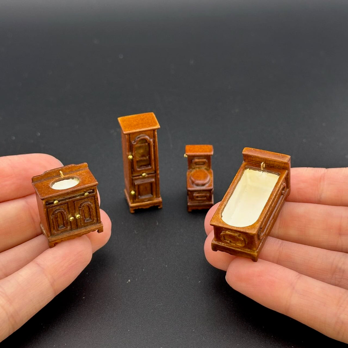 1:48 1/4" quarter scale Victorian bath room set 4pcs Top quality Walnut dollhouse miniature