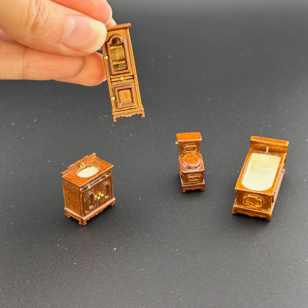 1:48 1/4" quarter scale Victorian bath room set 4pcs Top quality Walnut dollhouse miniature