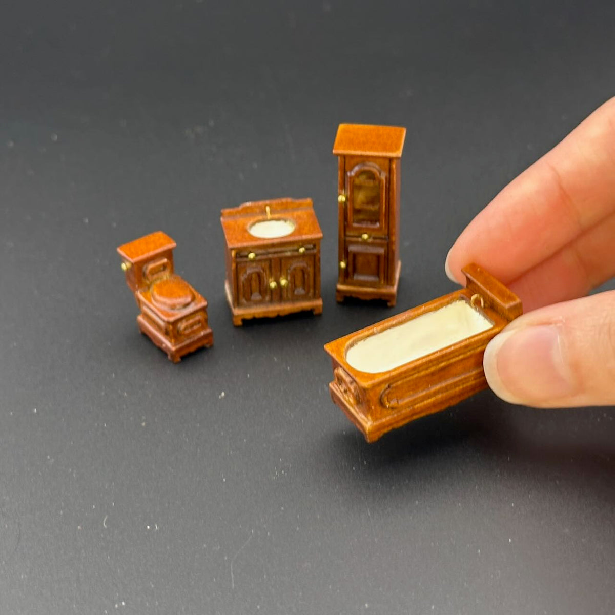 1:48 1/4" quarter scale Victorian bath room set 4pcs Top quality Walnut dollhouse miniature