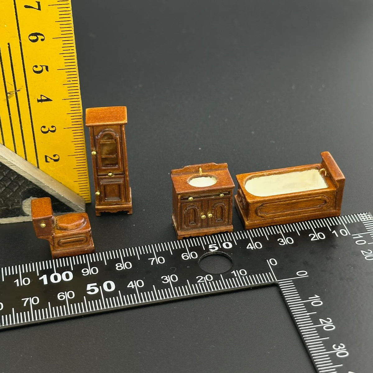 1:48 1/4" quarter scale Victorian bath room set 4pcs Top quality Walnut dollhouse miniature