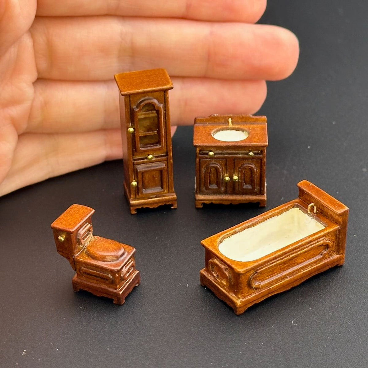 1:48 1/4" quarter scale Victorian bath room set 4pcs Top quality Walnut dollhouse miniature