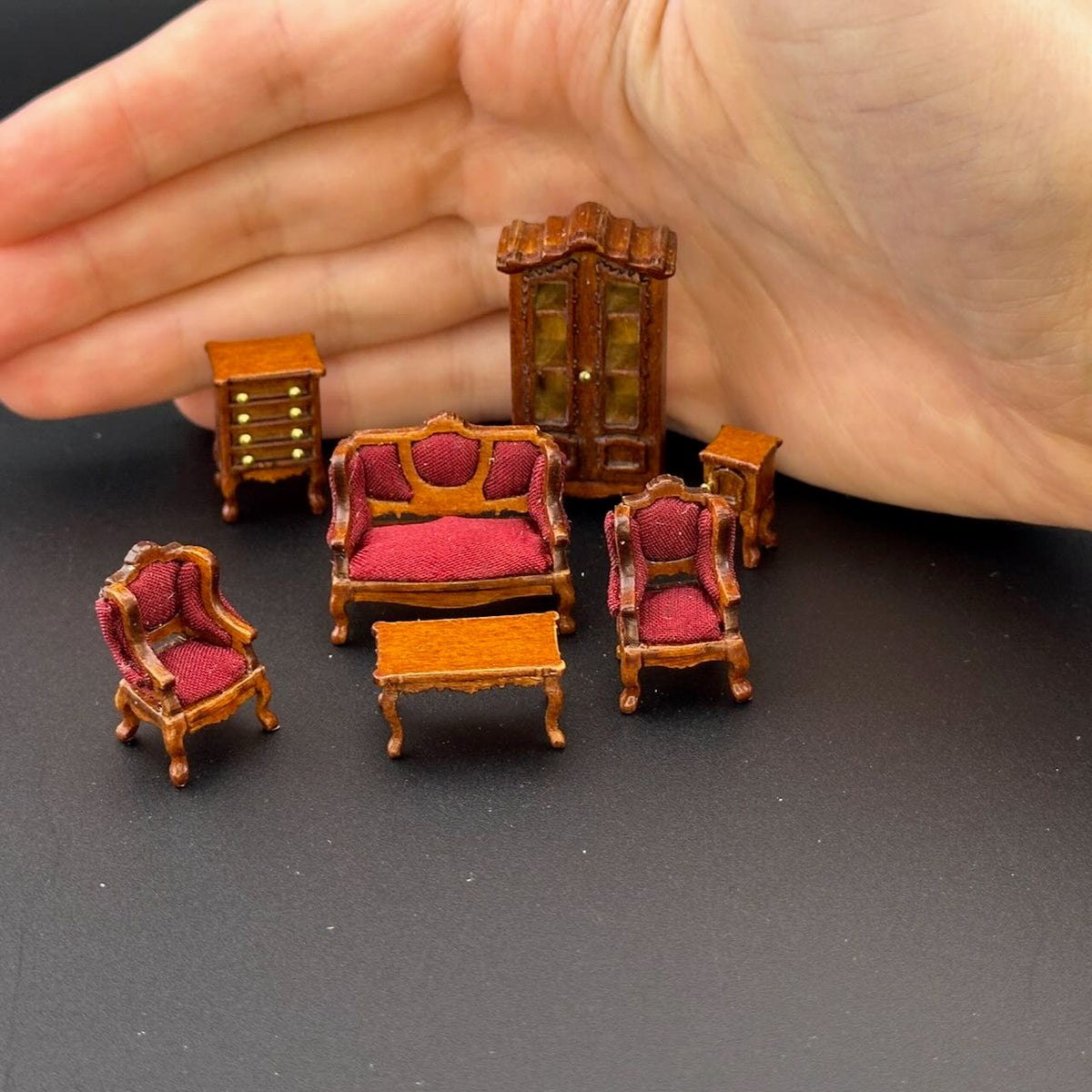1:48 1/4" quarter scale Victorian living room set 7pcs Top quality Walnut dollhouse miniature