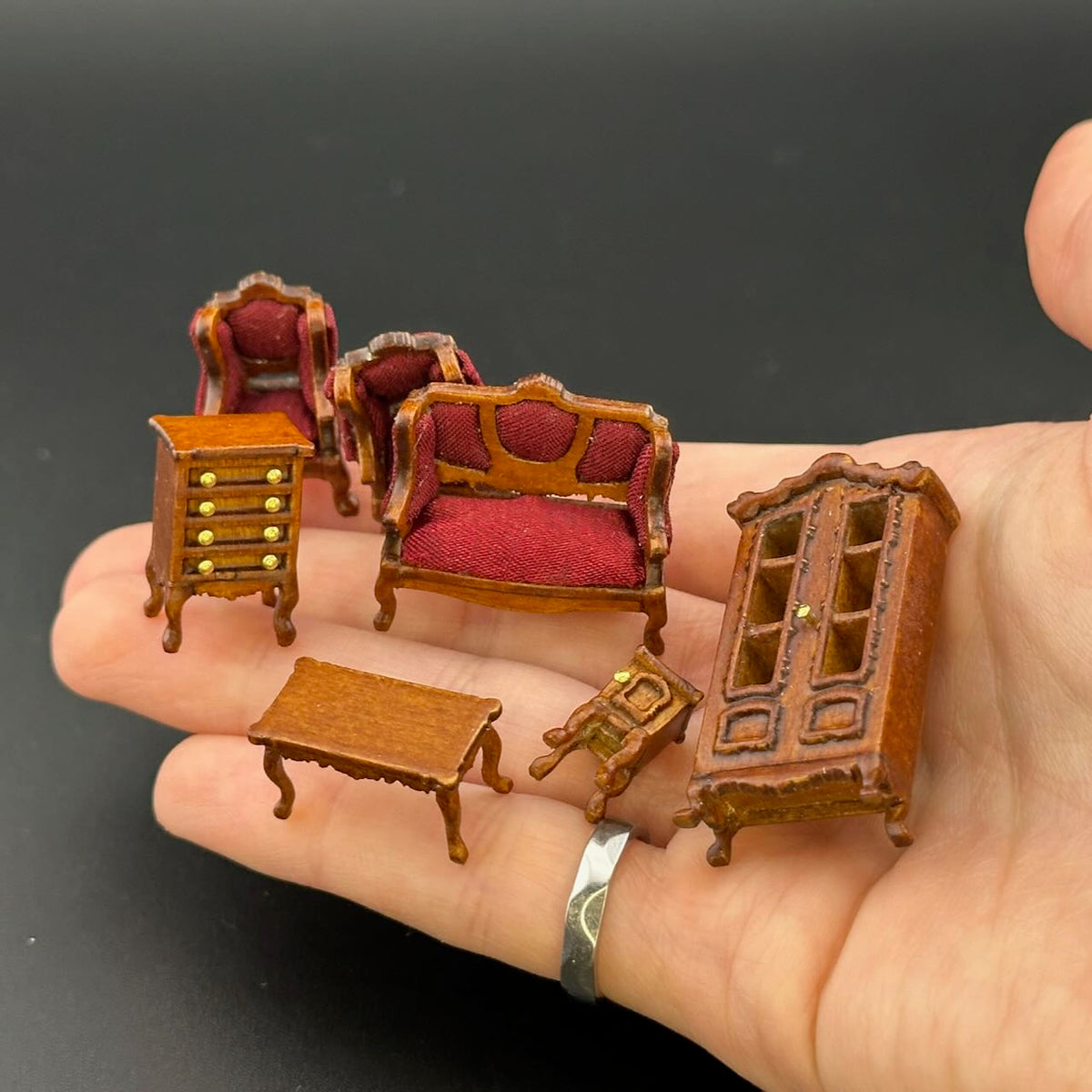 1:48 1/4" quarter scale Victorian living room set 7pcs Top quality Walnut dollhouse miniature