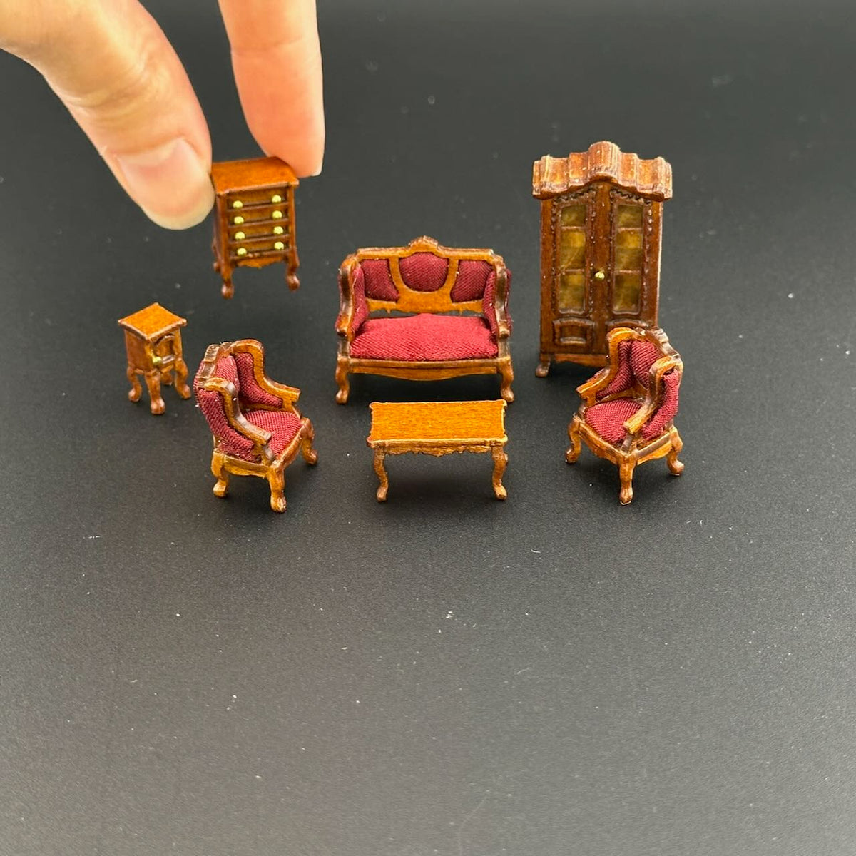 1:48 1/4" quarter scale Victorian living room set 7pcs Top quality Walnut dollhouse miniature