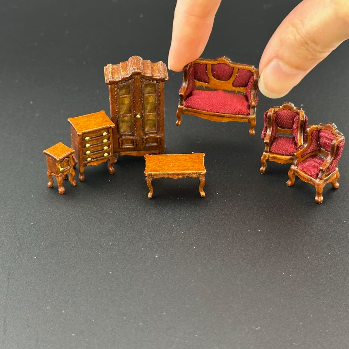 1:48 1/4" quarter scale Victorian living room set 7pcs Top quality Walnut dollhouse miniature