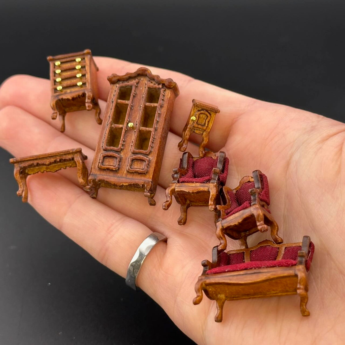 1:48 1/4" quarter scale Victorian living room set 7pcs Top quality Walnut dollhouse miniature