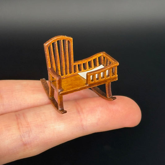 1:48 1/4" quarter scale Miniature Wooden Rocking Crib Chair  – Rare Handcrafted Nursery Display Piece