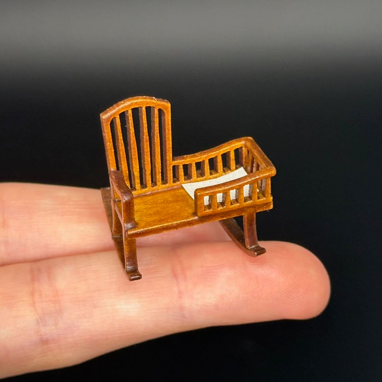 1:48 1/4" quarter scale Miniature Wooden Rocking Crib Chair  – Rare Handcrafted Nursery Display Piece