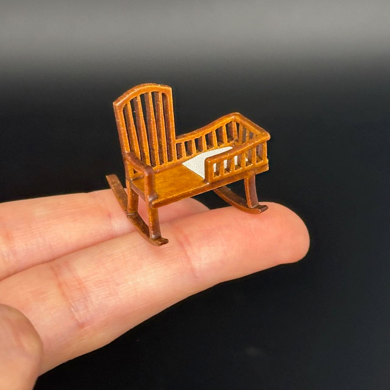 1:48 1/4" quarter scale Miniature Wooden Rocking Crib Chair  – Rare Handcrafted Nursery Display Piece