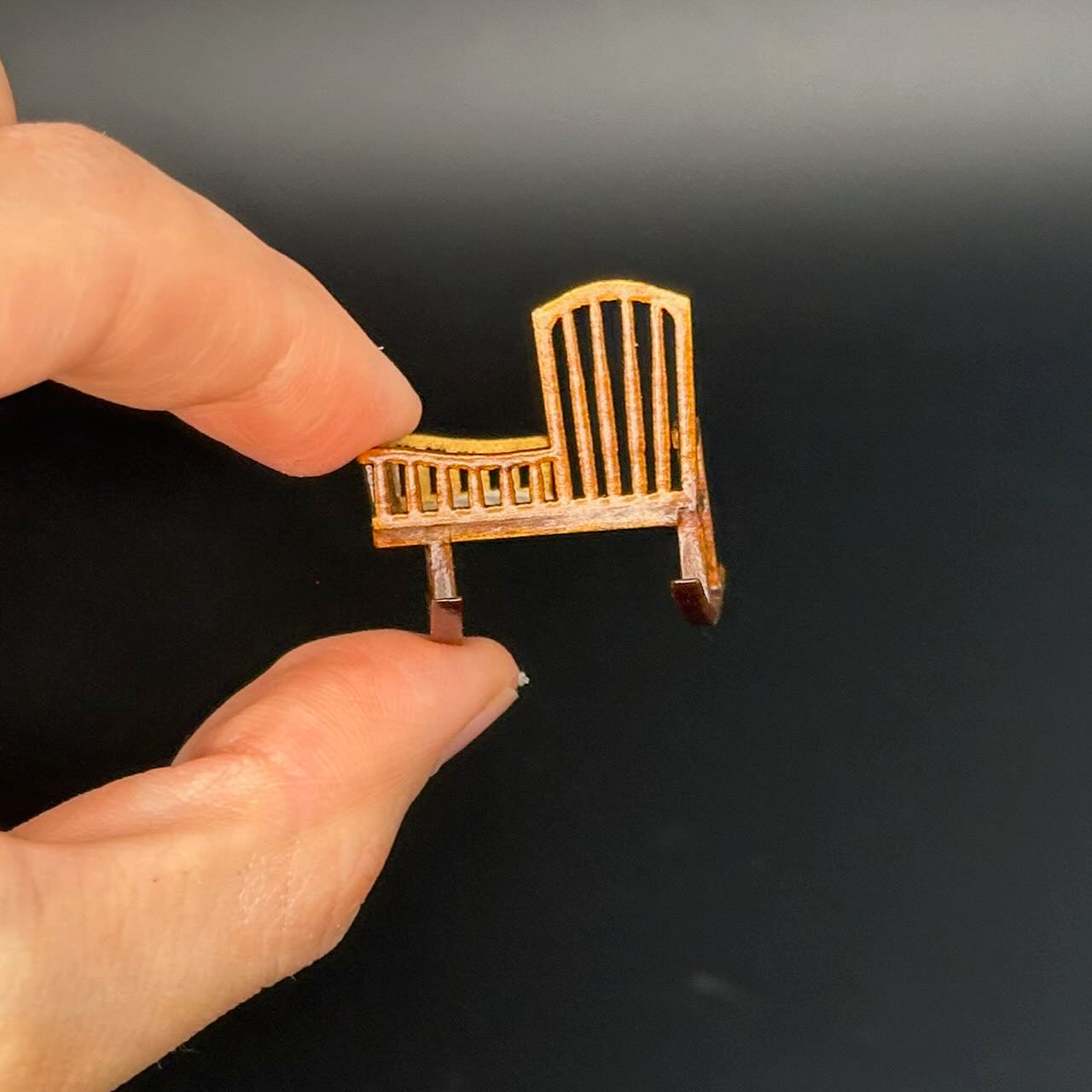 1:48 1/4" quarter scale Miniature Wooden Rocking Crib Chair  – Rare Handcrafted Nursery Display Piece