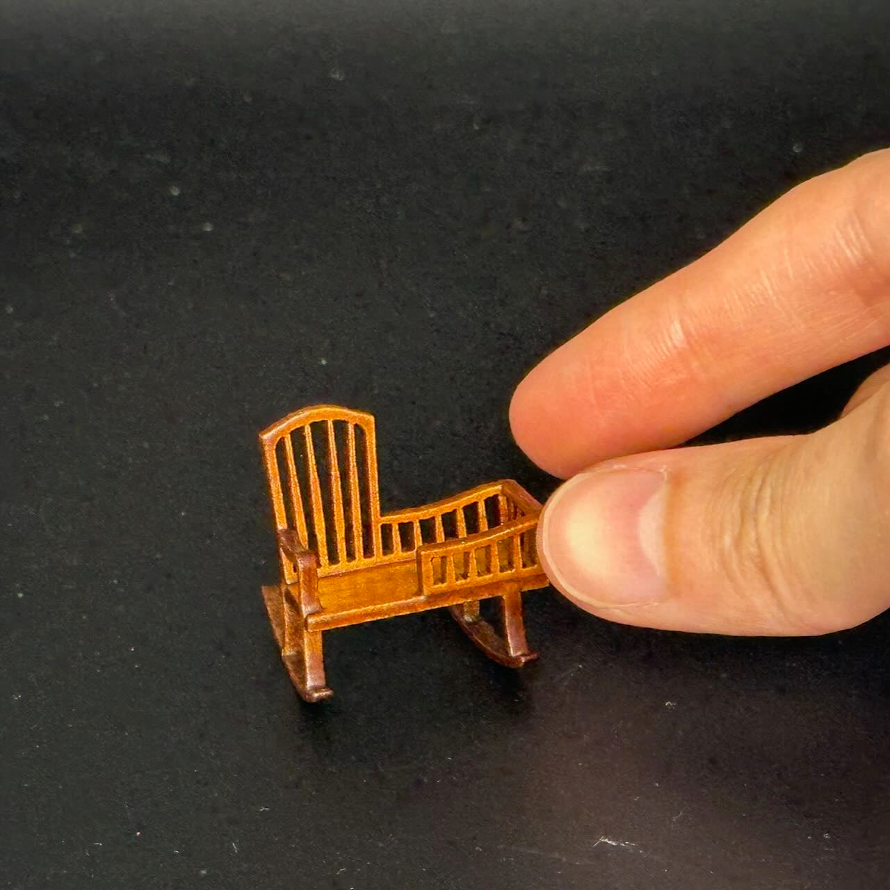 1:48 1/4" quarter scale Miniature Wooden Rocking Crib Chair  – Rare Handcrafted Nursery Display Piece