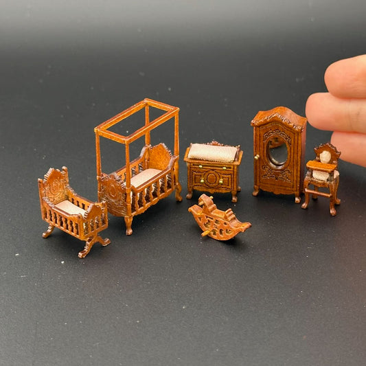 1:48 1/4" quarter scale Victorian baby room set 6pcs Top quality Walnut dollhouse miniature