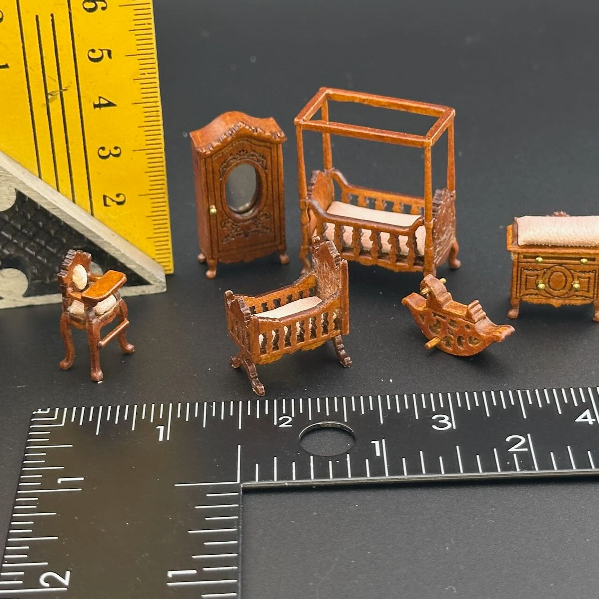 1:48 1/4" quarter scale Victorian baby room set 6pcs Top quality Walnut dollhouse miniature