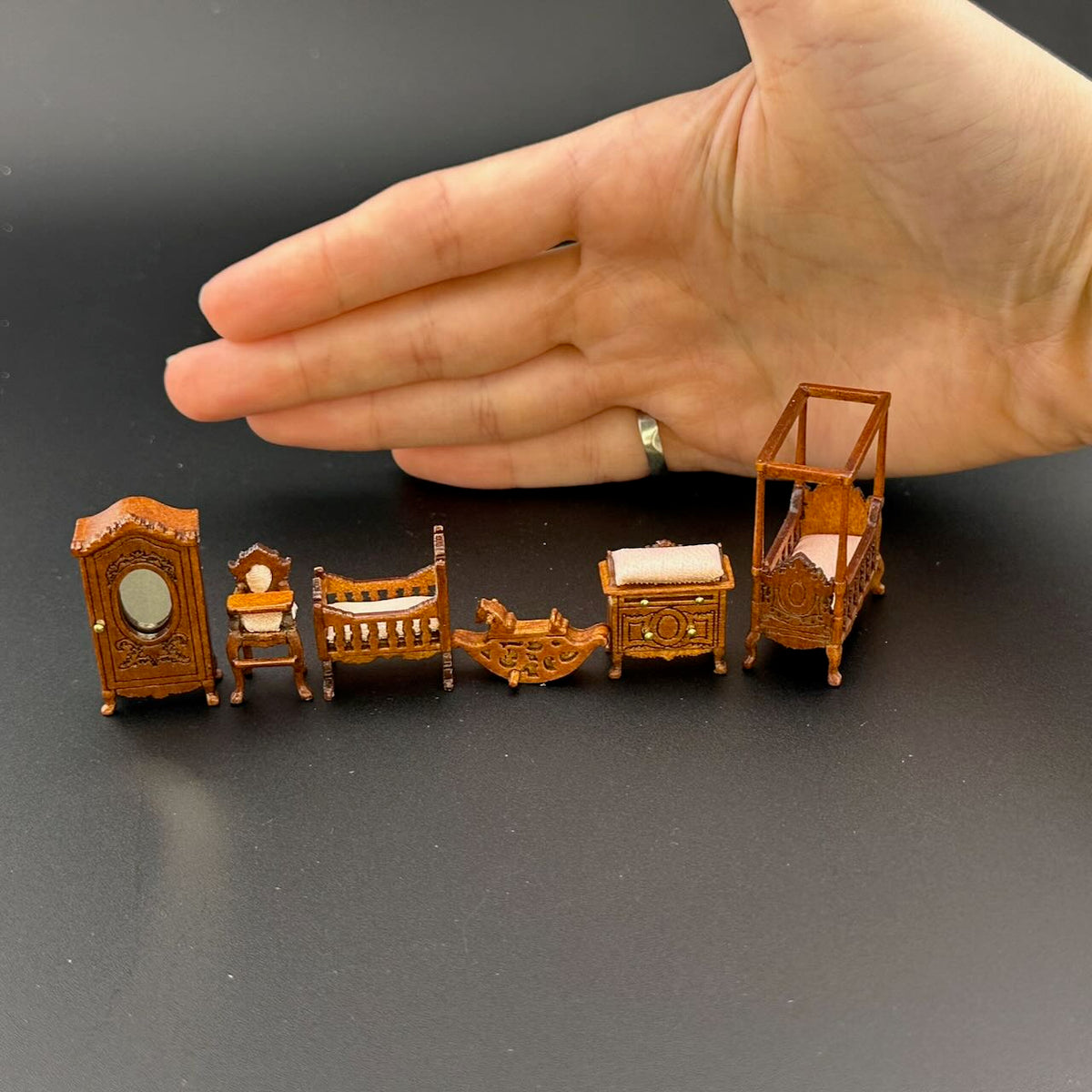 1:48 1/4" quarter scale Victorian baby room set 6pcs Top quality Walnut dollhouse miniature