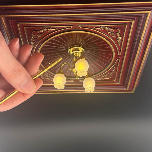 Miniature brass lamp Touchless operation with wand Frosted tulips 3-arms chandelier LED  light 1:12 scale for dollhouse No-touch No-Switch