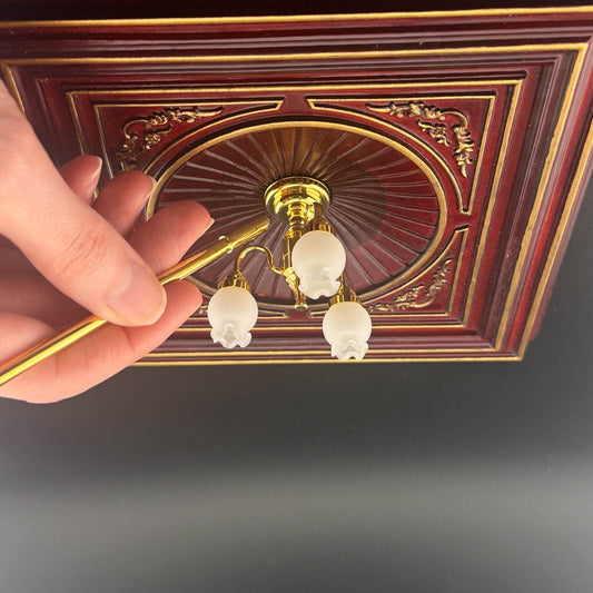 Miniature brass lamp Touchless operation with wand Frosted tulips 3-arms chandelier LED  light 1:12 scale for dollhouse No-touch No-Switch