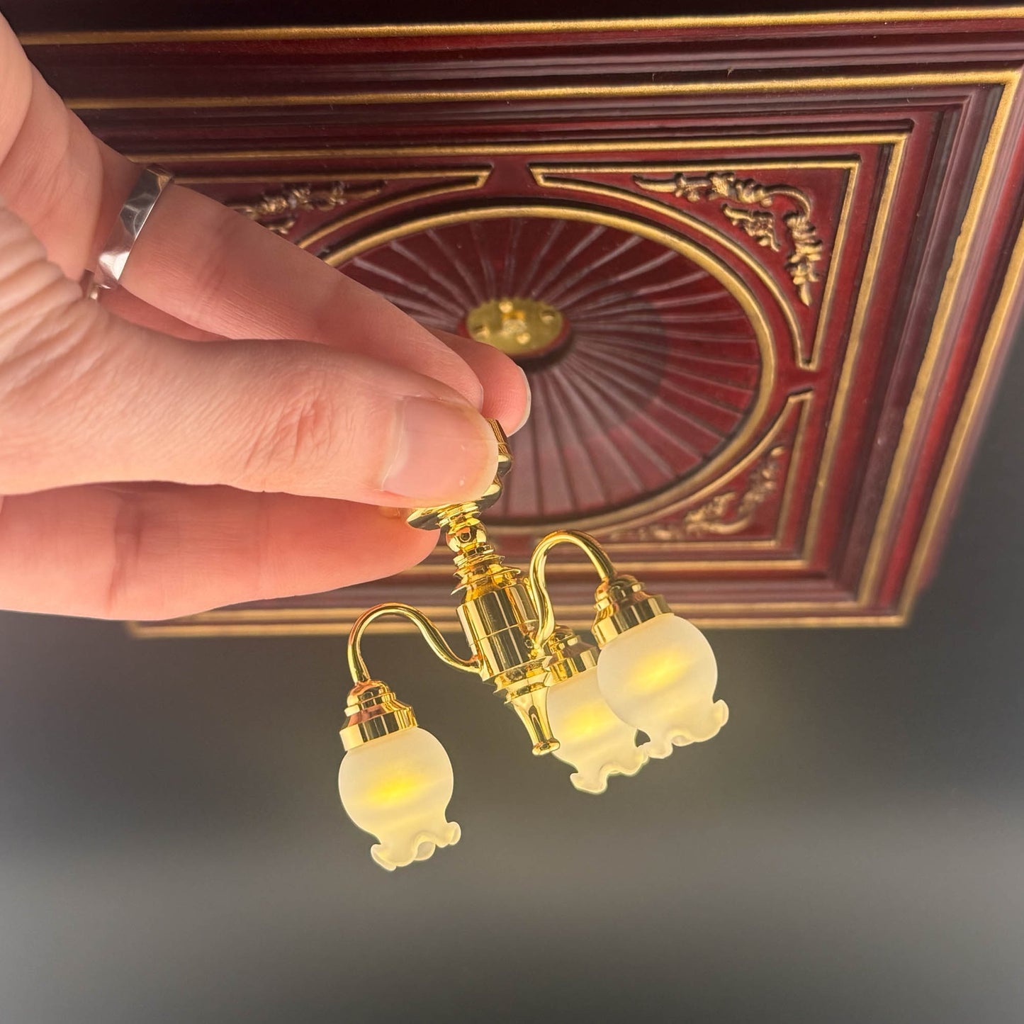 Miniature brass lamp Touchless operation with wand Frosted tulips 3-arms chandelier LED  light 1:12 scale for dollhouse No-touch No-Switch