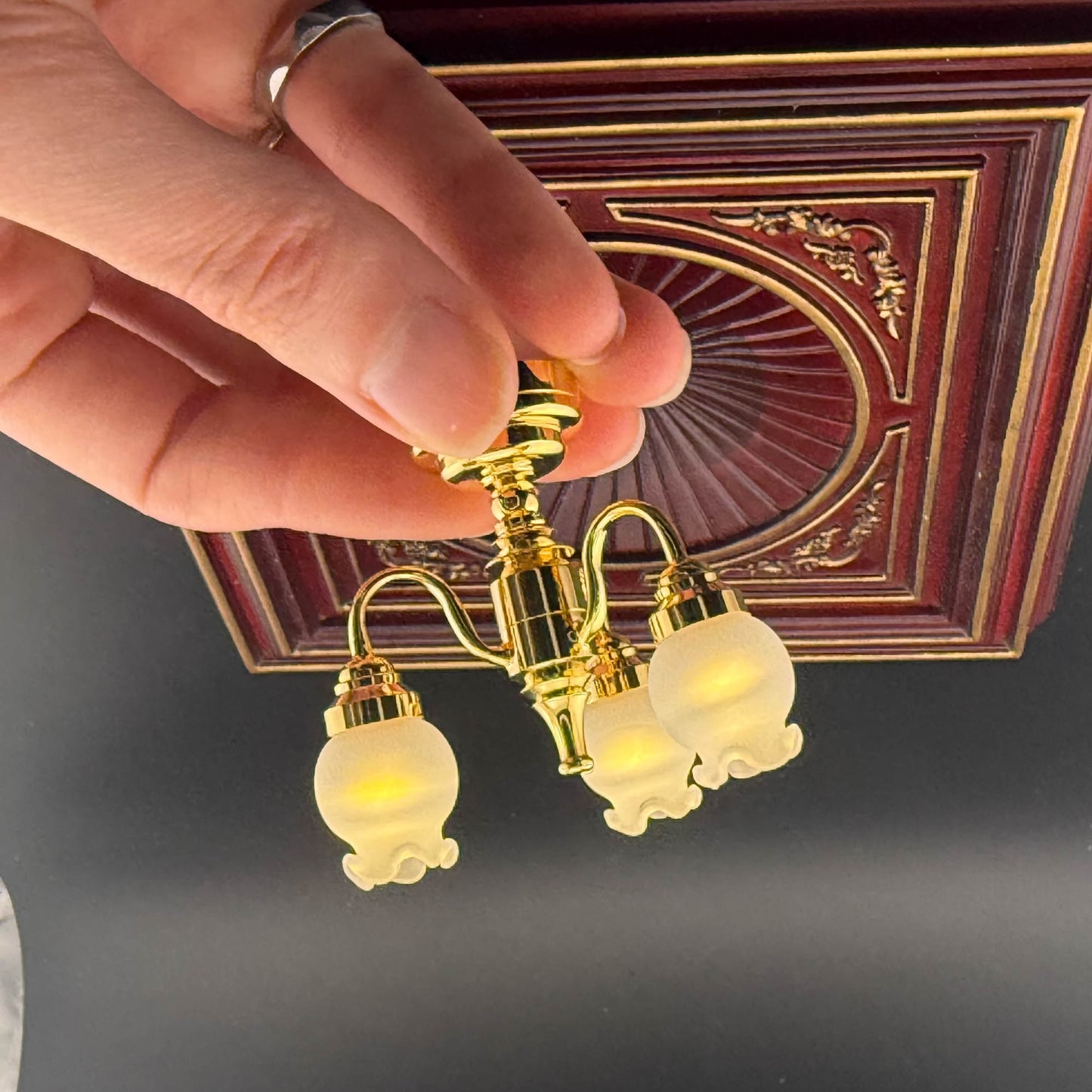 Miniature brass lamp Touchless operation with wand Frosted tulips 3-arms chandelier LED  light 1:12 scale for dollhouse No-touch No-Switch