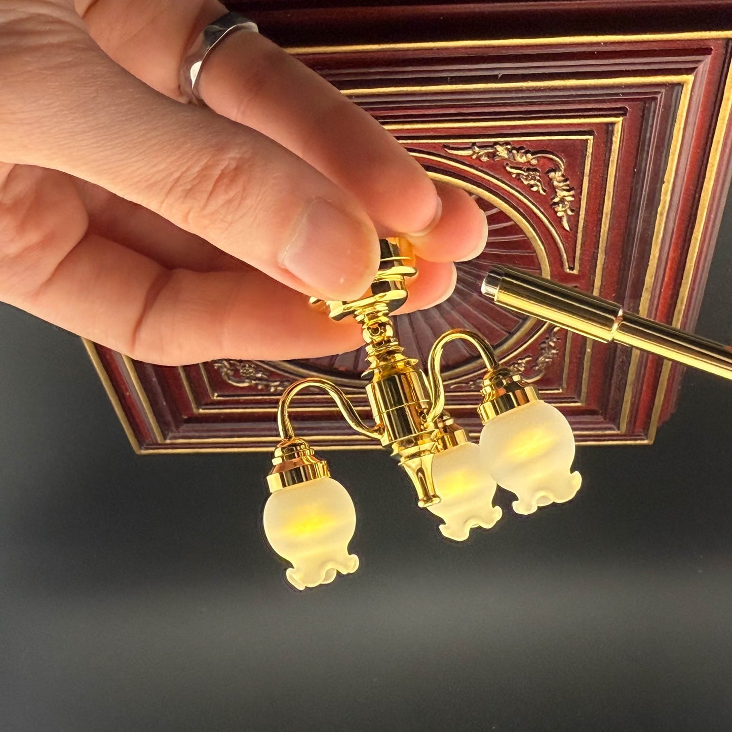 Miniature brass lamp Touchless operation with wand Frosted tulips 3-arms chandelier LED  light 1:12 scale for dollhouse No-touch No-Switch