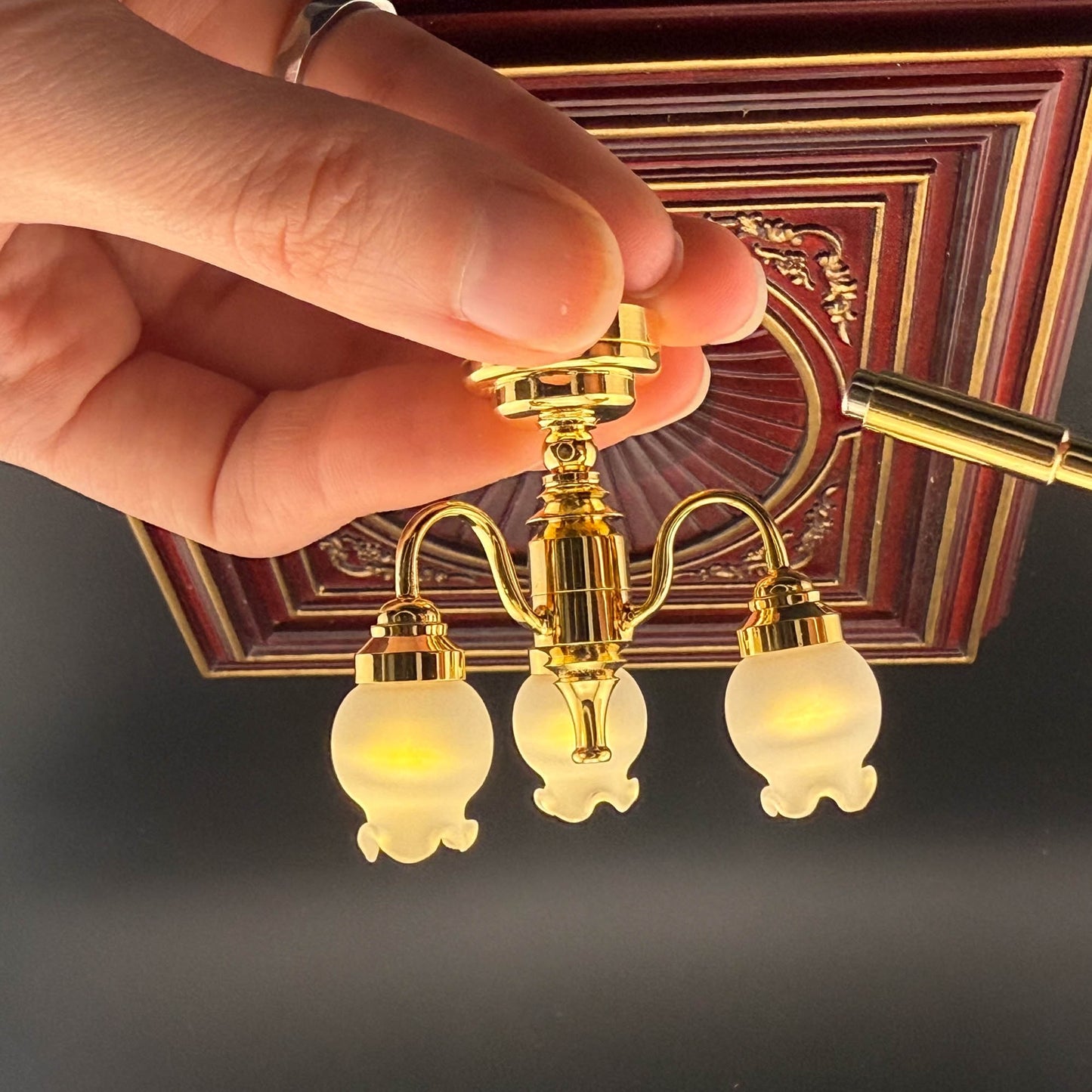 Miniature brass lamp Touchless operation with wand Frosted tulips 3-arms chandelier LED  light 1:12 scale for dollhouse No-touch No-Switch