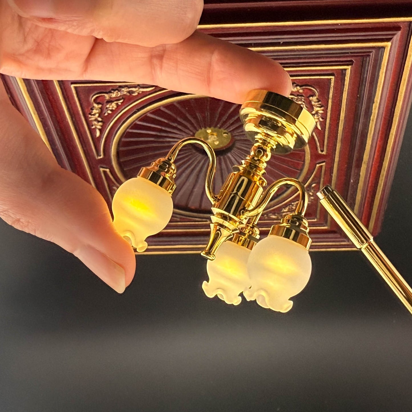 Miniature brass lamp Touchless operation with wand Frosted tulips 3-arms chandelier LED  light 1:12 scale for dollhouse No-touch No-Switch