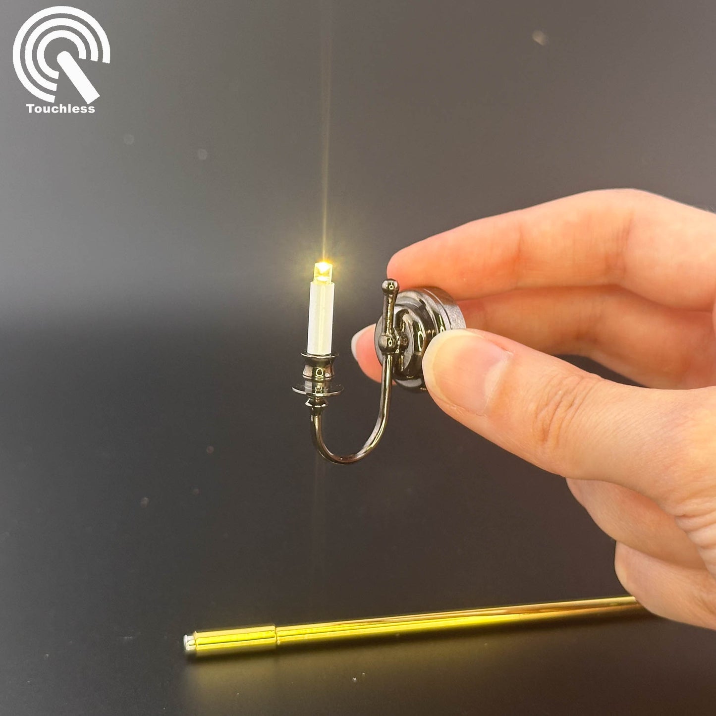 Miniature Touchless operation with Wand 1:12 BLACK Wall sconce candle lamp LED light Dollhouse No-touch No-Switch Stick Fairy Magic (Copy)