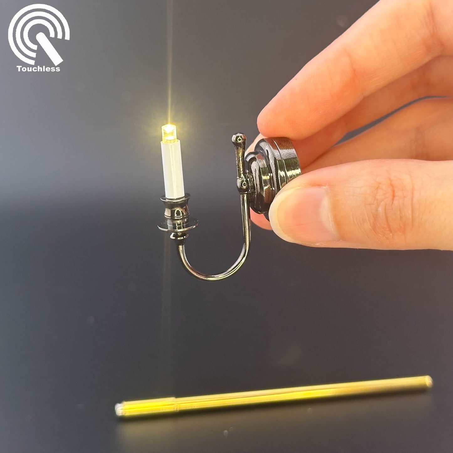 Miniature Touchless operation with Wand 1:12 BLACK Wall sconce candle lamp LED light Dollhouse No-touch No-Switch Stick Fairy Magic (Copy)