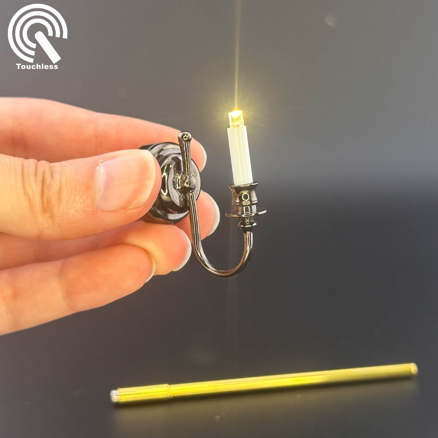 Miniature Touchless operation with Wand 1:12 BLACK Wall sconce candle lamp LED light Dollhouse No-touch No-Switch Stick Fairy Magic (Copy)