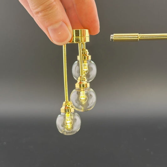 Miniature Brass lamp Touchless operation with wand clear globes 3-arms chandelier LED  light 1:12 scale for dollhouse No-touch No-Switch
