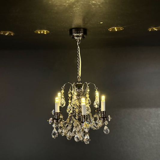 Black Crystal chandelier 6 arms Miniature Touchless operation with Wand 1:12 scale for dollhouse No-touch No-Switch