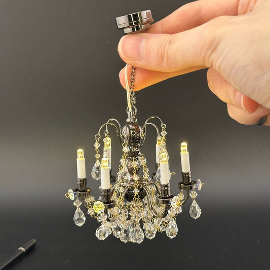 Black Crystal chandelier 6 arms Miniature Touchless operation with Wand 1:12 scale for dollhouse No-touch No-Switch