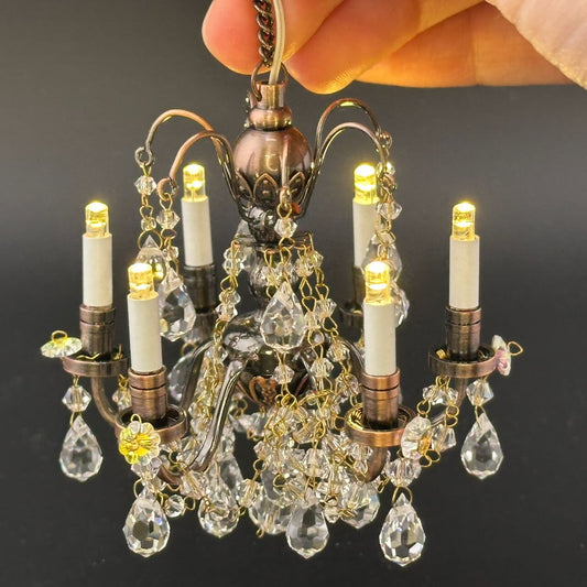 Copper Crystal chandelier 6 arms Miniature Touchless operation with Wand 1:12 scale for dollhouse No-touch No-Switch