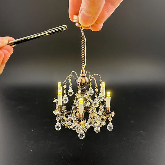 Copper Crystal chandelier 6 arms Miniature Touchless operation with Wand 1:12 scale for dollhouse No-touch No-Switch