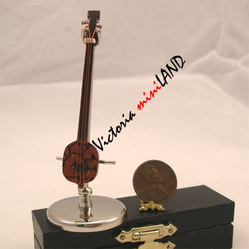 Miniature Wooden Shamisen with Stand and Case musical instruments– 1:12 Scale, 7 cm (2.75”)