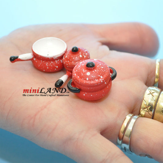 Red pots and pan trio dollhouse miniature 1:12 scale