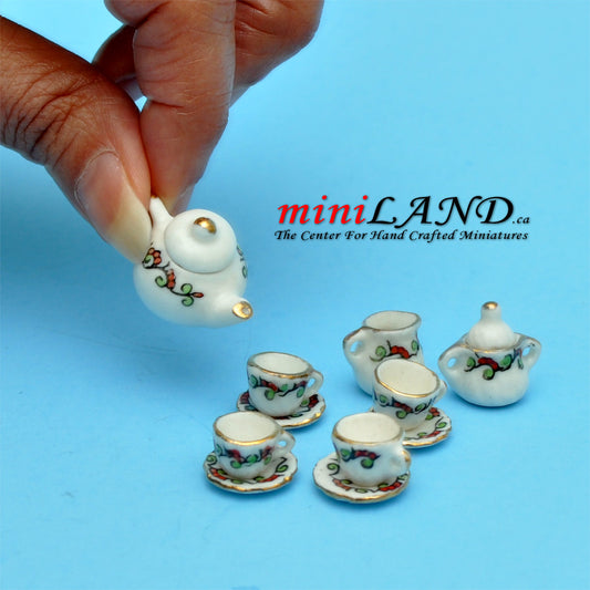13 pcs white tea set with flowers décor dollhouse miniature 1:12