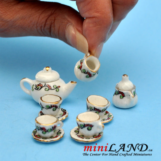 13 pcs white tea set with flowers décor dollhouse miniature 1:12