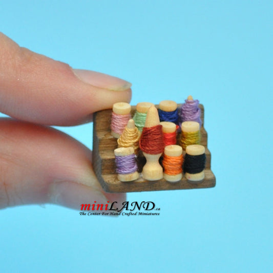 Sewing Thread stand wooden basket bowels dollhouse miniature 1:12