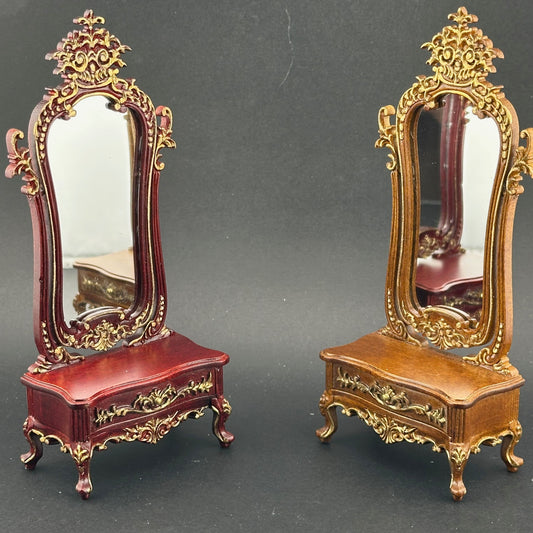 Victorian Dressing Standing Mirror 18th century carved for dollhouse miniature 1:12 Walnut color with drawer Vanity floor mirror