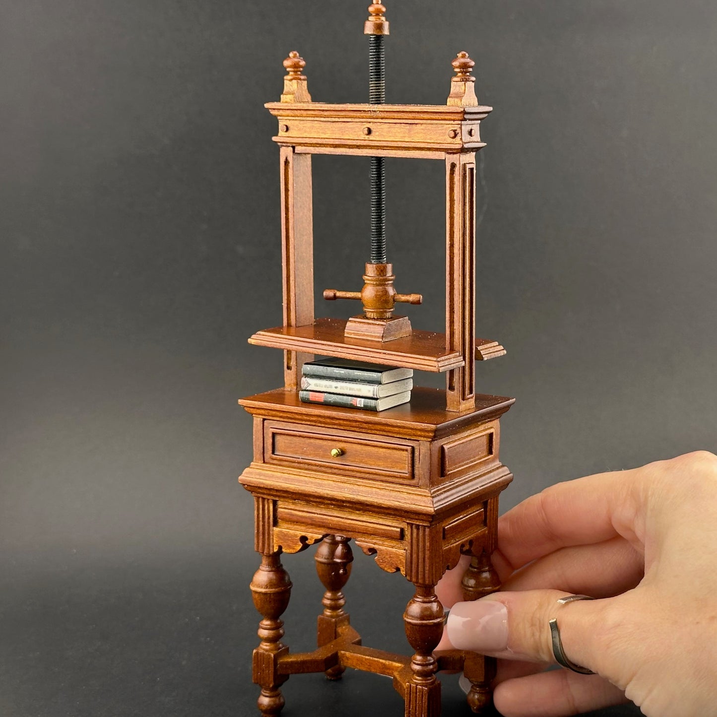Miniature bookbinding press / blanket press in 1:12 scale  walnut wood with metal screw  books press