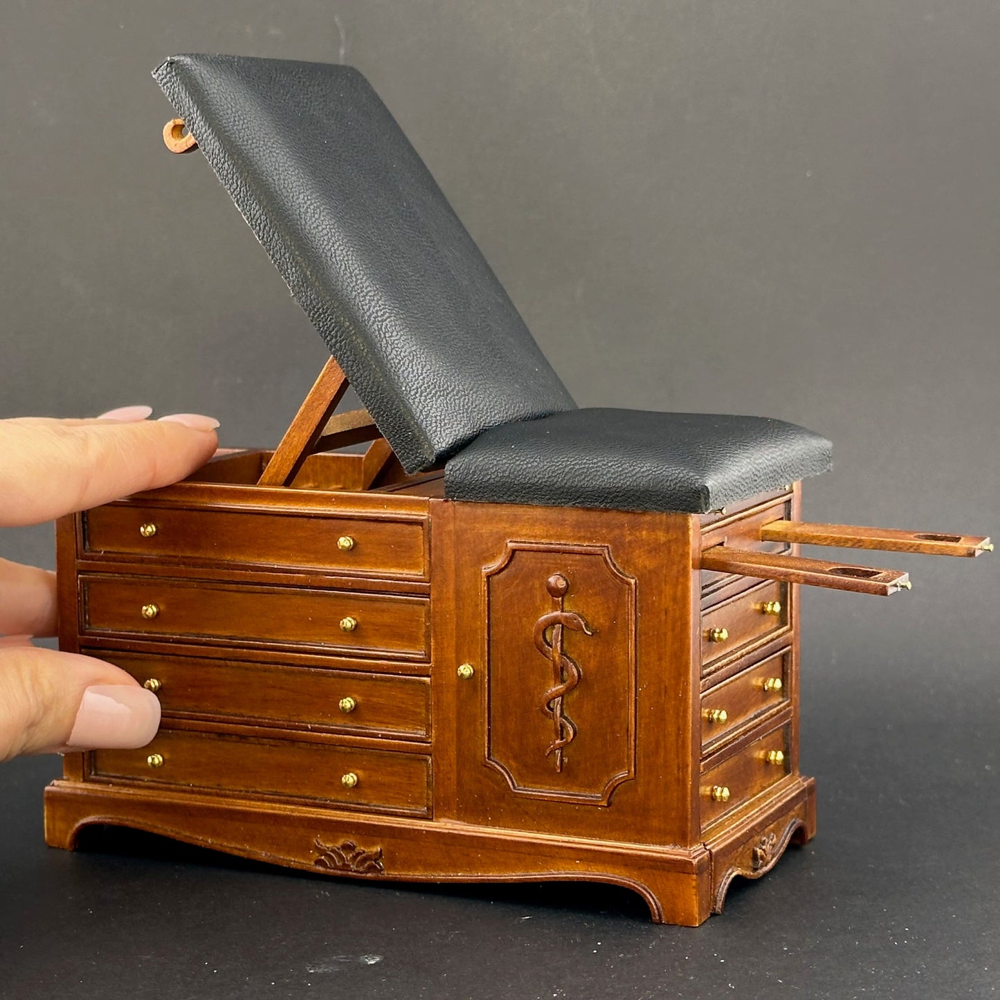 Walnut Miniature 1:12 Scale Doctor’s Exam Bed – A Wooden Medical Table with Drawers, Adjustable Backrest, Stirrups, and Hidden Step Stool